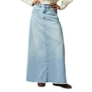 Mohiass Women Trendy Denim Maxi Skirt High Waist A-Line Frayed Hem Loose Long Jean Skirt Light Blue L